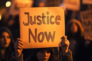 close-up of hands holding a protest sign that says Justice Now with blurred faces of other protesters in the background, focused composition with soft natural light photo