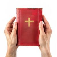 cerca arriba de masculino manos participación rojo libro Biblia con dorado cruzar aislado en blanco antecedentes foto