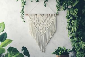 hand made macrame hanging with intricate pattern with green home plants and a white textured wall photo