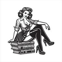 Pinup Girl in Library Surrounded by Books vector