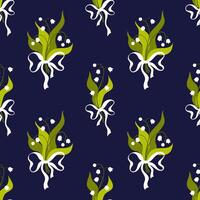 Seamless pattern with bouquets of white spring flowers on a dark blue background. Flat background design. Repeating print for fabric, wrapping paper, textile, wallpaper vector