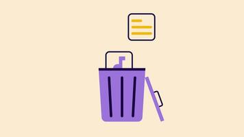 An animated illustration of a file being thrown into a purple trash can, symbolizing the deletion or cleaning of files on a digital platform. Simple and modern design. video
