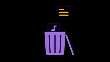 An animated illustration of a file being thrown into a purple trash can on a transparent background symbolizing deleting or cleaning files on a digital platform. video