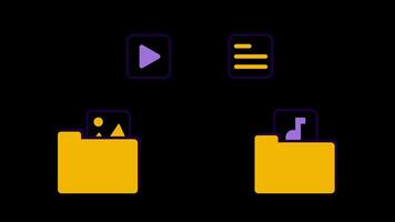 Animated illustration of an organized file folder containing multimedia icons, including images, videos, and documents, on a transparent background. Perfect for data management concept. video