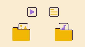 Animated illustration of an organized file folder containing multimedia icons, including images, videos, and documents, on a minimalist beige background. Perfect for data management concept video