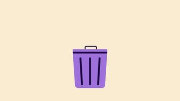 An animated illustration of a file being thrown into a purple trash can symbolizing deleting or cleaning files on a digital platform. Simple and modern design. video