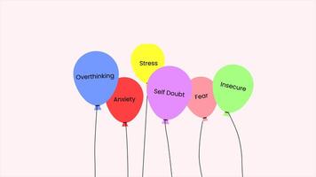 Animated illustration of colorful balloons labeled negative emotions such as stress, fear and anxiety. A message of emotional release and freedom. video