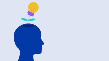 Animated illustration of a growing light bulb emerging from a head silhouette symbolizing creativity, innovation and fresh ideas in a minimalist style. video