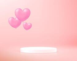 Pink background 3d with heart balloons and podium. Product display presentation. Space for selling products, backdrop, wallpaper, background, text. illustration. vector