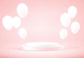 Pastel pink background 3d with balloons and podium. Product display presentation. valentine day background. Space for selling products on the website. illustration. vector