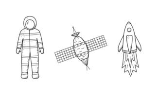 Cosmos doodle set of illustrations. Icons of space elements cartoon. Isolate on a white background. vector