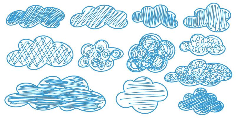 Set clouds blue chalk drawing