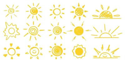 Sun doodle style set for summer design vector