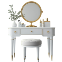 a white vanity table with a mirror and stool transparent background. png