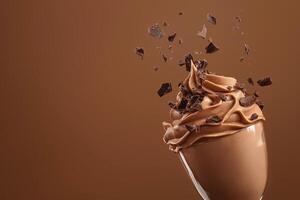 Side view of mocha or chocolate mousse dessert with smooth texture with crushed chocolate pieces in motion, soft brown background. Color trend concept, color of the year 2025. Banner with photo