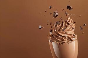 Side view of mocha or chocolate mousse dessert with smooth texture with crushed chocolate in motion, soft brown background. Color trend concept, color of the year 2025. Banner with copy photo