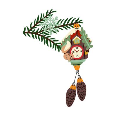 Christmas tree branch with retro Christmas balls. Soviet glass toys in flat style. Forest clock, snowflake. Decor for Christmas, New Year and holidays. Hand-drawn isolated illustration on white