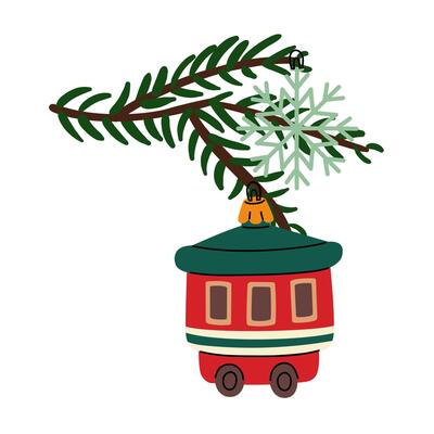 Christmas tree branch with retro Christmas balls. Soviet glass toys in flat style. Carriage, snowflake. Decor for Christmas, New Year and holidays. Hand-drawn isolated illustration on white background