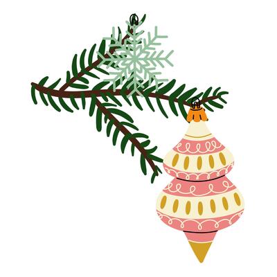 Christmas tree branch with retro Christmas balls. Soviet glass toys in flat style. Icicle, snowflake. Decor for Christmas, New Year and holidays. Hand-drawn isolated illustration on white background