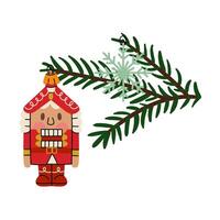 Christmas tree branch with retro Christmas balls. Soviet glass toys in flat style. Nutcracker, snowflake. Decor for Christmas, New Year and holidays. Hand-drawn isolated illustration on white vector