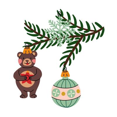 Christmas tree branch with retro Christmas balls. Soviet glass toys in flat style. Bear, ball, snowflake. Decor for Christmas, New Year and holidays. Hand-drawn isolated illustration on white