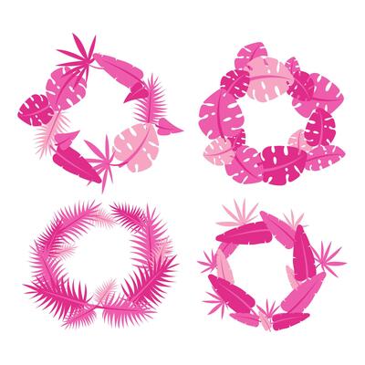 A set of pink tropical palm leaf wreaths for party invitations and posters. Pink leaves in a circle, varied. Flat exotic frames in pink tones. Collection of tropical motifs. Festive tropical motifs
