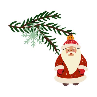 Christmas tree branch with retro Christmas balls. Soviet glass toys in flat style. Santa Claus, snowflake. Decor for Christmas, New Year and holidays. Hand-drawn isolated illustration on white