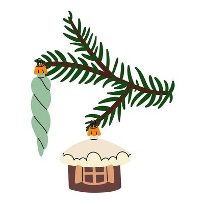 Christmas tree branch with retro Christmas balls. Soviet glass toys in flat style. House, icicle. Decor for Christmas, New Year and holidays. Hand-drawn isolated illustration on white background