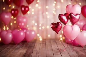A Valentine's Day background with heart-shaped balloons in shades of pink with bokeh background and wooden floor. Valentine's day background. photo