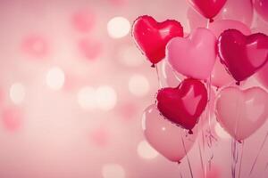 A Valentine's Day background with heart-shaped balloons in shades of pink. Valentine's day background with copy space, bokeh effect.. photo