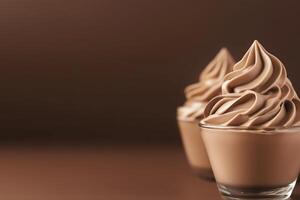 Side view of mocha or chocolate mousse dessert with smooth texture, soft brown background. Color trend concept, color of the year 2025. Banner with copy space. photo