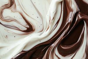 Close up of swirling liquid blending creamy white paint and dark brown. Fluid motion. Mocha mousse color, trend of 2025 year photo