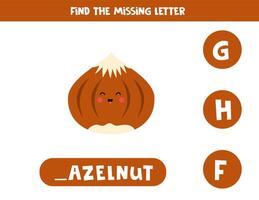 Find missing letter with cartoon hazelnut. Spelling worksheet. vector