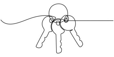 One continuous line drawing of house keys Real estate and password and security concept vector