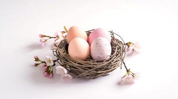 Eater Nest on withe background with Speckled Eggs and Cherry Blossoms Spring Theme, copy space photo