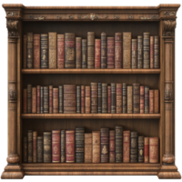 An old book shelf with many books on transparent background png