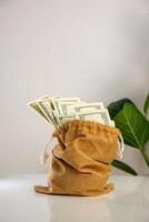 A brown fabric bag with a drawstring closure sits on a white surface. The bag is filled with cash, with several dollar bills peeking out of the top photo