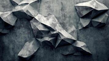 A textured concrete surface displays an abstract arrangement of geometric shapes in various tones of gray, creating a striking visual effect with shadows adding depth photo
