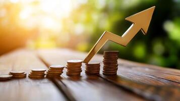 Coins stacked in ascending order symbolize increasing business growth, with a bold arrow indicating upward trends in global assets and investment opportunities at sunset photo