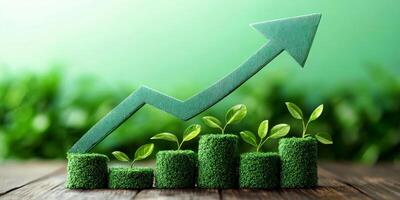 Sustainable growth metrics are depicted with green bar charts and an upward arrow surrounded by lush foliage, symbolizing flourishing business potential in a serene setting photo