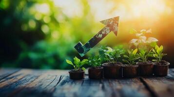 Amidst a lush green backdrop, small plants thrive in pots with an upward arrow symbolizing increasing business growth and sustainability. This scene captures the essence of nurturing success photo