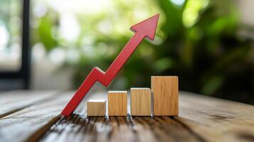 An upward trending arrow represents growth alongside wooden blocks of varying heights on a rustic table. This scene symbolizes positive business expansion and asset management strategies photo