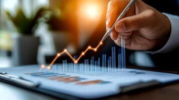 A professional is engaging in a detailed examination of business growth trends, using data visualization tools to analyze performance metrics in a contemporary office environment photo