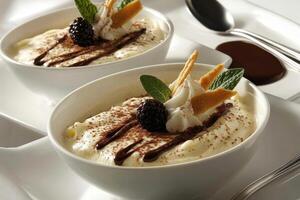 Delight in the luxurious texture of Bavarian cream topped with a luscious chocolate sauce. Garnished with mint, berries, and delicate sweets, this dessert evokes pure indulgence photo