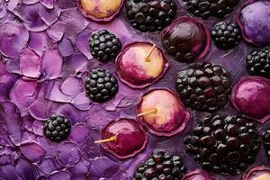 Savor the exquisite display of assorted blackberry tarts, each crafted with fresh blackberries nestled atop a flaky pastry, surrounded by a medley of colors and textures that invite indulgence photo