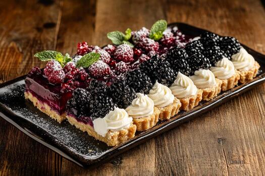 un de cerca de un hermosamente arreglado postre bandeja presentando un formación de Mora tartas coronado con Fresco bayas y cremoso porciones. el rústico de madera mesa agrega calor a el escena foto