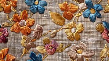 Colorful floral embroidery is intricately stitched on a natural textured background, highlighting craftsmanship and artistic detail in textile design photo