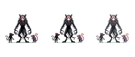 Pixel art depicting a menacing wererat with two smaller rats on either side creating a dark fantasy scene. vector
