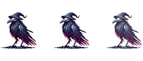 Pixel art of a raven in a hat, giving it a mystical and magical look vector