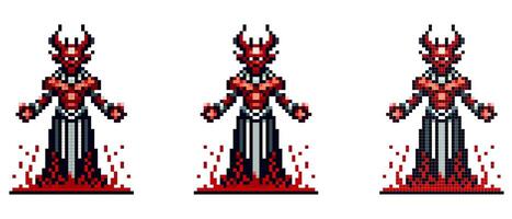 A pixelated image of Lucifer with a menacing appearance, in black and red armor, with fire around his legs, on a white background. vector